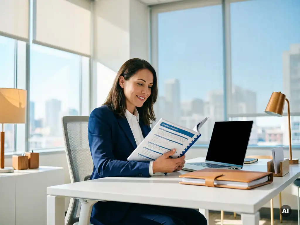 Fachkraft in Businesskleidung prüft Compliance-Dokument am modernen Schreibtisch mit Laptop und Ordner im hellen Büro.