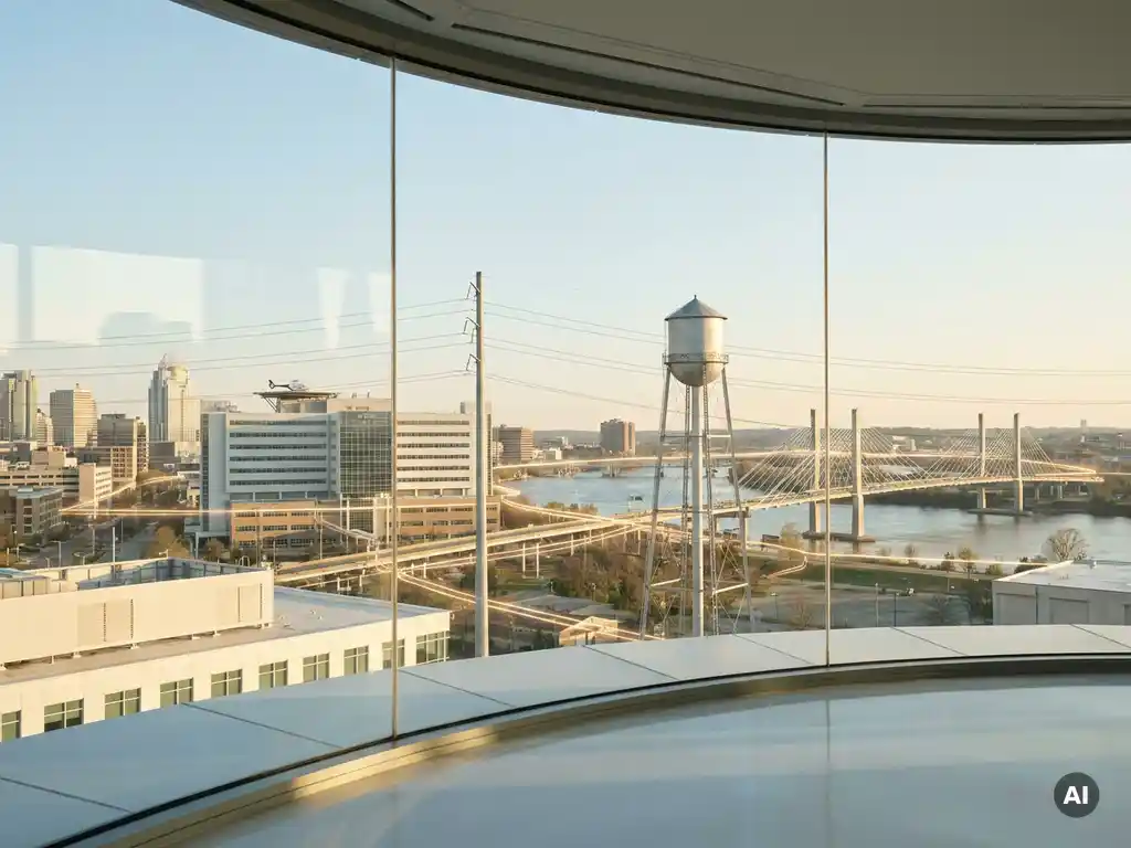 Stadtsilhouette hinter Glasschutzschild mit vernetzten Infrastrukturelementen wie Stromleitungen, Krankenhaus, Wasserturm und Brücke in warmem Bernsteinlicht.